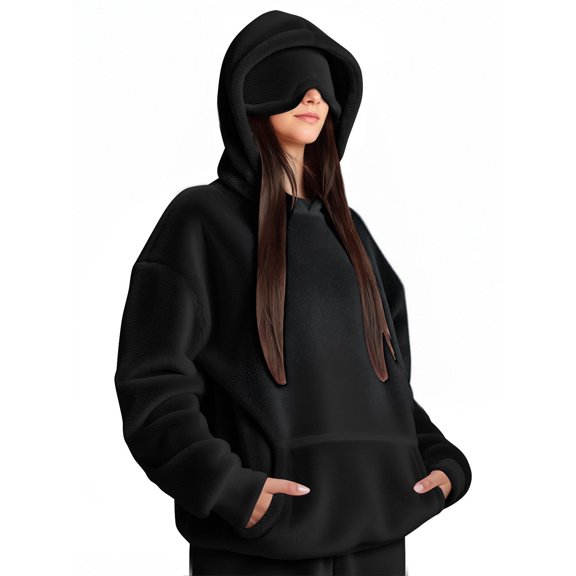 GaThRRgYP Blouses for Women Dressy Casual,Women's Suede Solid Color Hooded Front Pocket Warm and Comfortable Top Black S