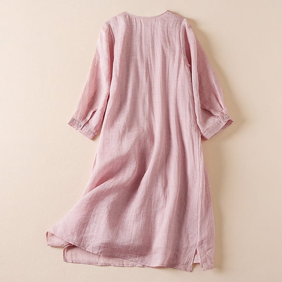 GaThRRgYP Double-Layer Round Neck Dress,Summer Sweet Embroidery Loose Round Neck Comfortable Mid Length 3/4 Sleeve Dress for Women