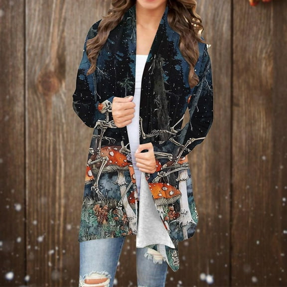 GaThRRgYP Festive Evening Cardigan Cozy Choice,Women's Fashion Halloween Printed Long Sleeved Cardigan Jacket Black M
