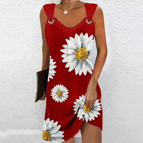 GaThRRgYP Stylish Sheath Summer Short Sleeve Dress,Women's Printed Round Neck Casual Sleeveless Suspender Dress