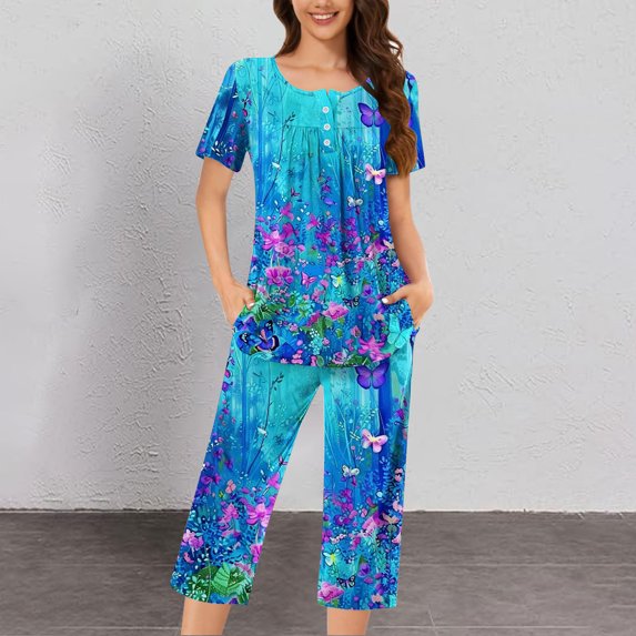 Black*Friday Deals Clearance GaThRRgYP Wide Legged Jeans Women High Waisted,2PC Women's Solid Color Neck Lace Splicing Short Sleeve Sleepshirt and Pants Sets Loungewear Pajamas with Pockets