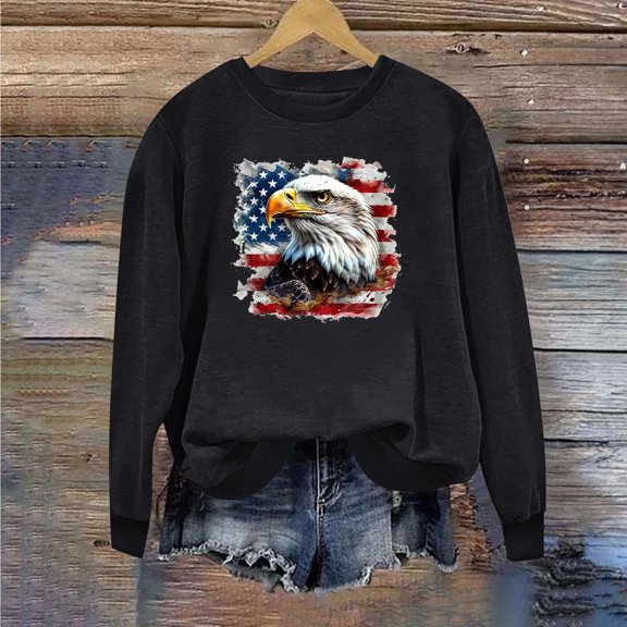 Black*Friday Discounted Items under $5 GaThRRgYP Women Blouses Summer Short Sleeve Tops,Ladies Long Sleeve Round Neck Independence Day Casual Printed Top Black M