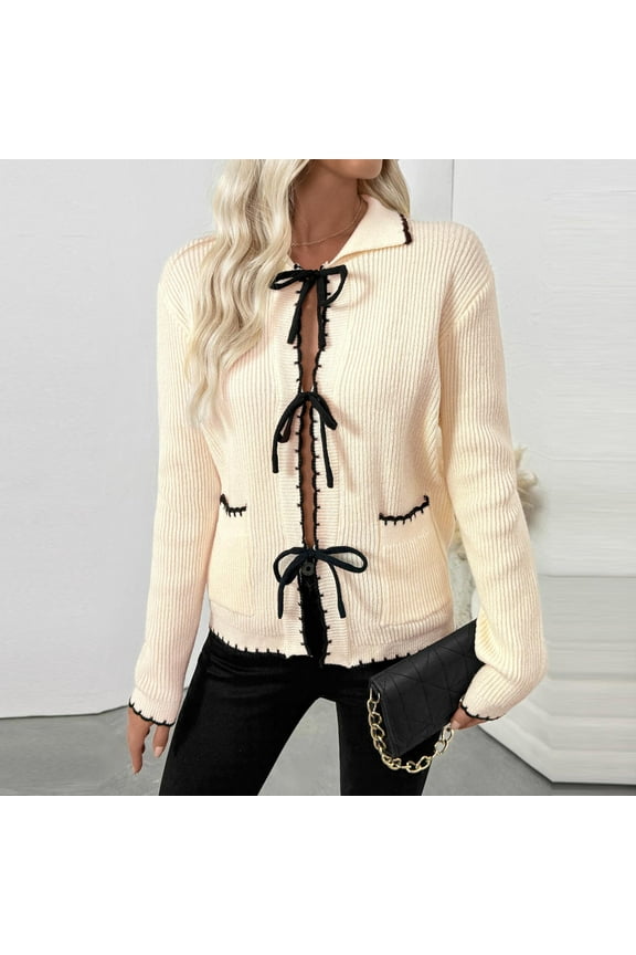 Women's Lightweight Open Front Cardigan,Women's Solid Color Blouses Bandage Double Pocket Turndown Collar Sweater Beige M