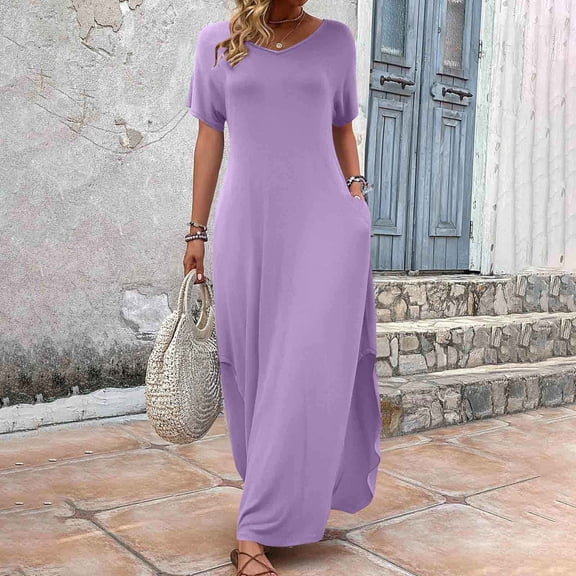 GaThRRgYP Women's Summer Floral Short Sleeve Dress,Women's Solid Color Fashionable Casual Loose Short Sleeved V-neck Long Skirt Dress with Dress Purple S