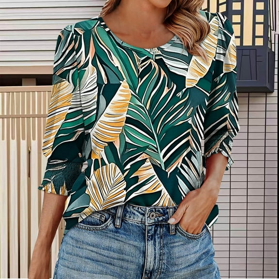 GaThRRgYP Women's Summer Short Sleeve Tops Collection,Womens Fashion Casual Printed 3/4 Sleeve Top Round-Neck Blouses Shirts Green XL