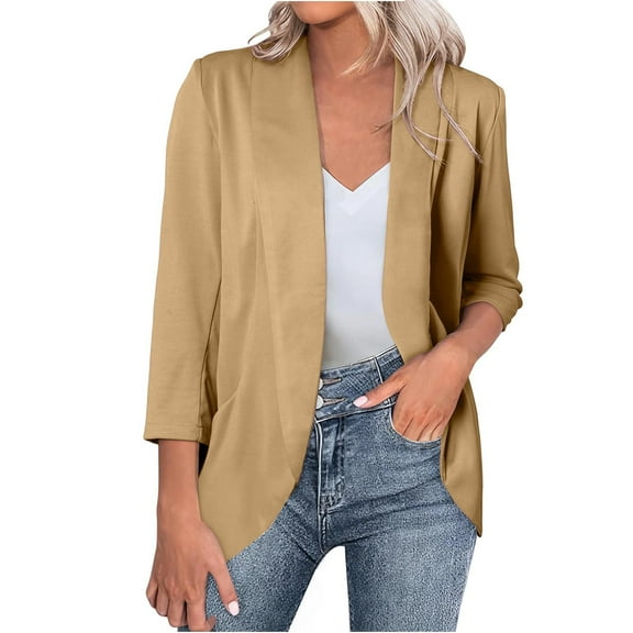 GaThRRgYP Womens Blazers on,Solid Blazers for Women Business Casual 3/4 Sleeve Lapel Open Front Suit Jacket Work Blazer with Pockets Khaki S