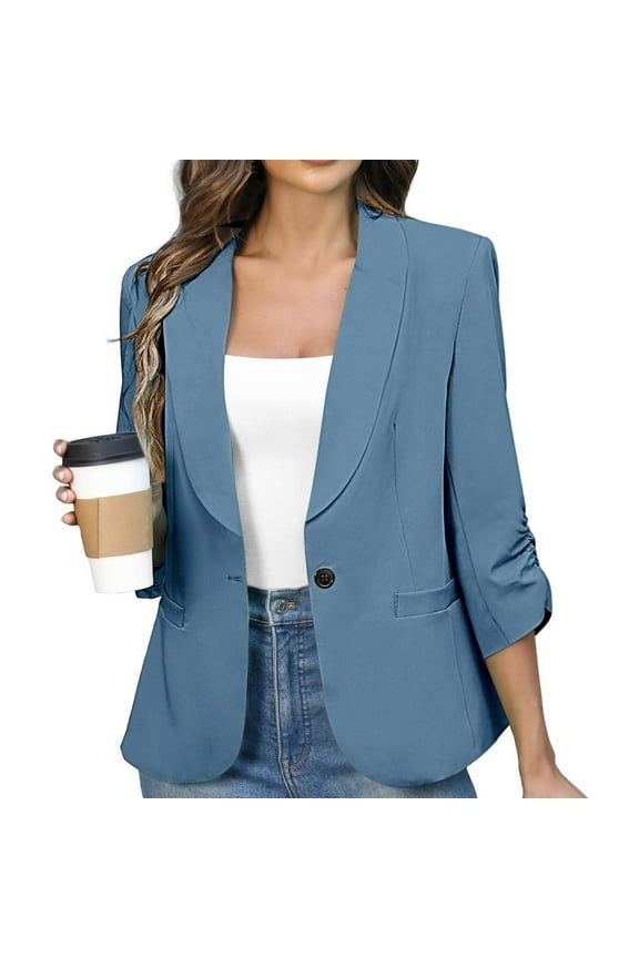 Womens Blazers on,Solid Blazers for Women Business Casual 3/4 Sleeve Lapel Open Front Suit Jacket Work Blazer with Pockets Blue M