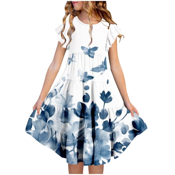 GaThRRgYP Womens Dresses Plus Size Spring,Fashion Girls' Summer New Short Sleeve Ruffled Pockets Round-Neck Printed Dress