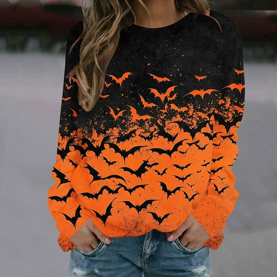 GaThRRgYP Womens Floral Tops for $5 Tops,Ladies' Casual Halloween Printed Long Sleeved Round Neck Top Shirt Orange XXL