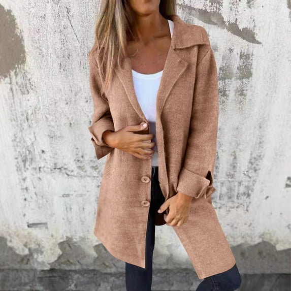 GaThRRgYP Womens Jackets Plus Size,Women's Winter Casual Solid Color Button Woolen Coat Mid-length Lapel Pocket Jacket Coat Top Long Sleeve Khaki M