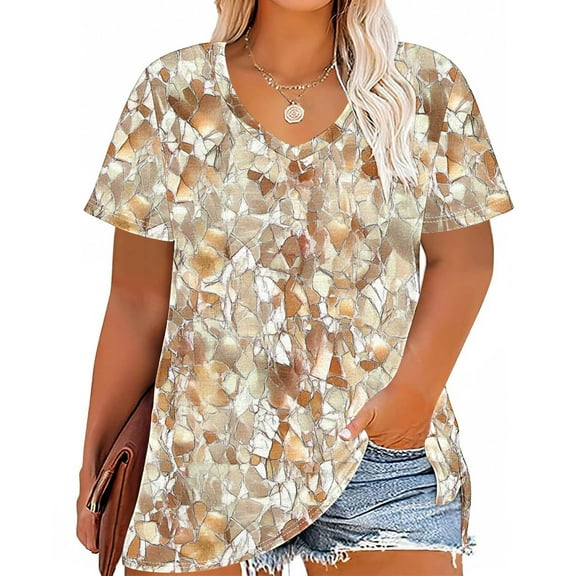 GaThRRgYP Womens Plus Size Topsunder $5,Women's Plus Size V-neck Printing Short Sleeve Solid Color Summer Base T-shirt Khaki XXL