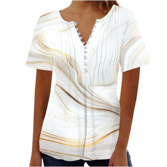 GaThRRgYP Womens Summer Tops,Women's Fashion Summer Casual Printed V-neck Button Up Short Seeved Blouses Top White L