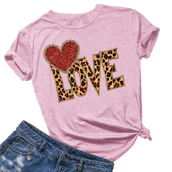GaThRRgYP Womens Summer Tops with Sleeves,Women's Lover Printed T-shirt Round Neck Short Sleeved Pink M