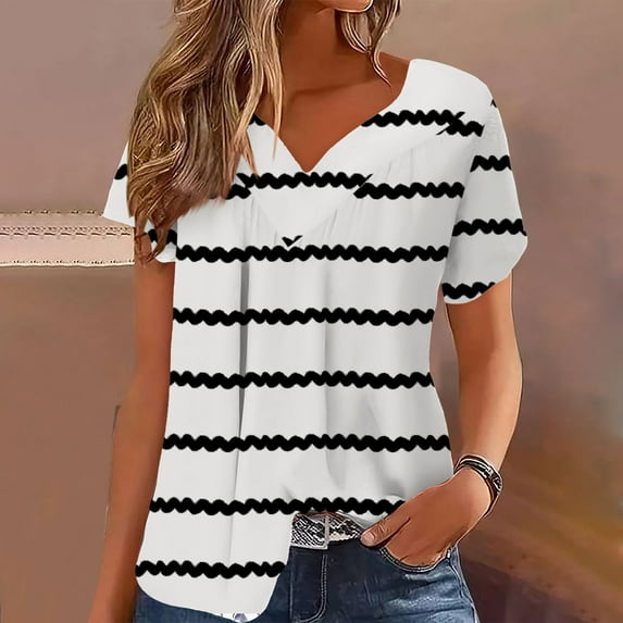 GaThRRgYP Womens tops V Neck Sweatshirts,Women Plus Size Short Sleeves V-Neck Print Blouse Pullover Short Sleeve Blouses White M