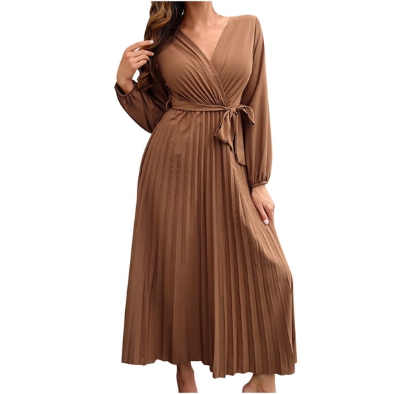 Prime Day Sales Today 2025!Viikei Dresses for Women Plus Size Summer,Women's and Winter Fashion Solid Color V-neck Pleated Dress Long Skirt