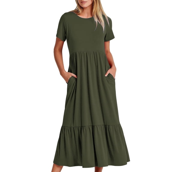 Prime Day Sales Today 2025!Viikei Elasticized Waist Round Neck Dress-No-Restriction Fit,Women's Summer Casual Short Sleeve Crewneck Dress Casual Flowy Tiered Maxi Beach Dress with Pockets
