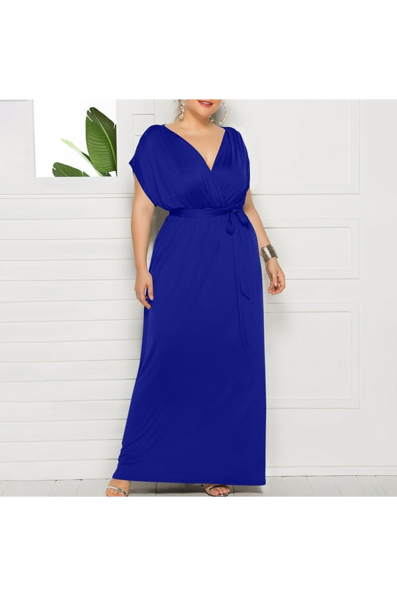 Flowy Dresses for Women,Women's Plus-size Solid Color-neck Loose Dress Short Sleeve Round Neck Ankle-length Dress