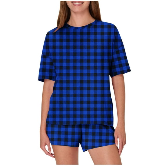 Prime Day Sales Today 2025!Viikei Womens Sets Lounge,Women's Casual Loose Printing Round Neck Short Sleeved Shorts Pajamas Suit Blue L