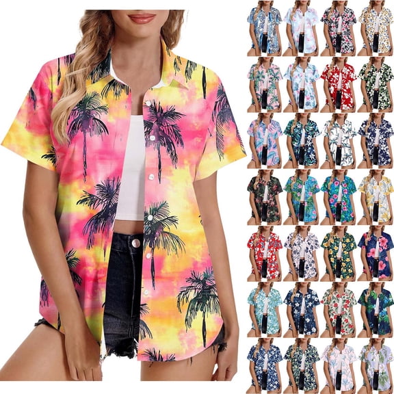 BiZtdJrK Ladies Hawaiian Button Down Shirts Casual Short Sleeve Lapel Summer Blouse Fashion Floral Tropical Print Tunic Tops Yellow S