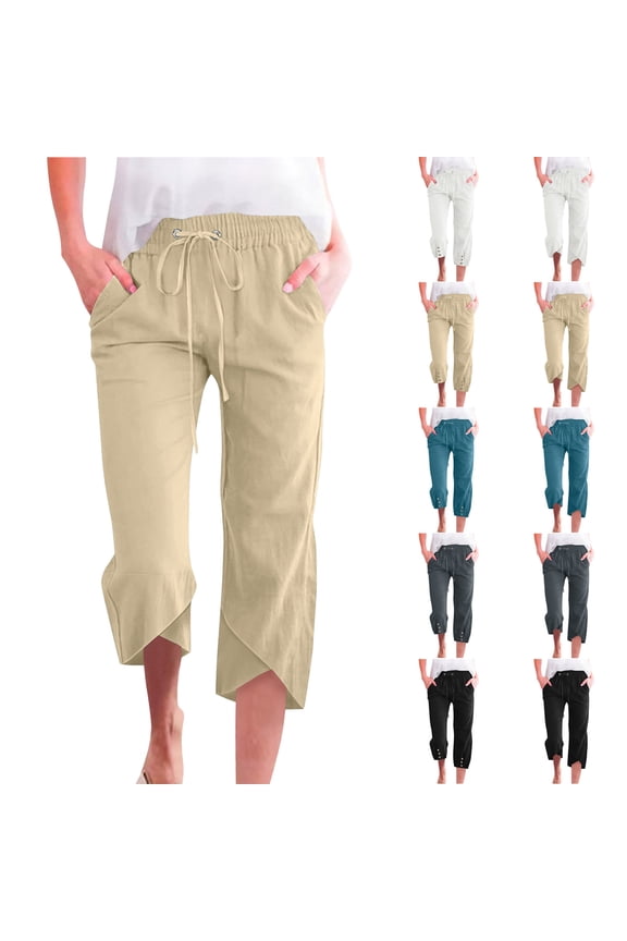 Capri Pants for Women Summer Casual Cotton Linen Elastic High Waisted Drawstring Beach Cropped Trousers Loose Tulip Hem Capris with Pockets Sky Blue XL