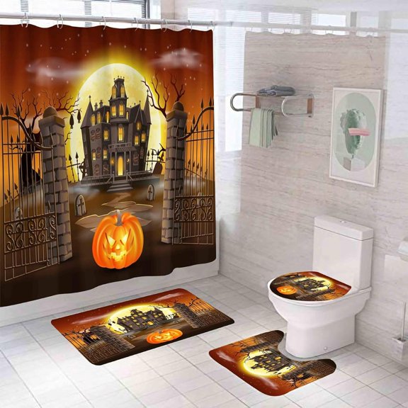 Prime Deal Of Today Clearance Warehouse Four-piece Set Of St. Halloween Printed Shower Curtain Set Carpet Mat Combination Bathroom Toilet Mat Bathroom Curtain Set 45*75 Four-piece Set Cheap Stuff