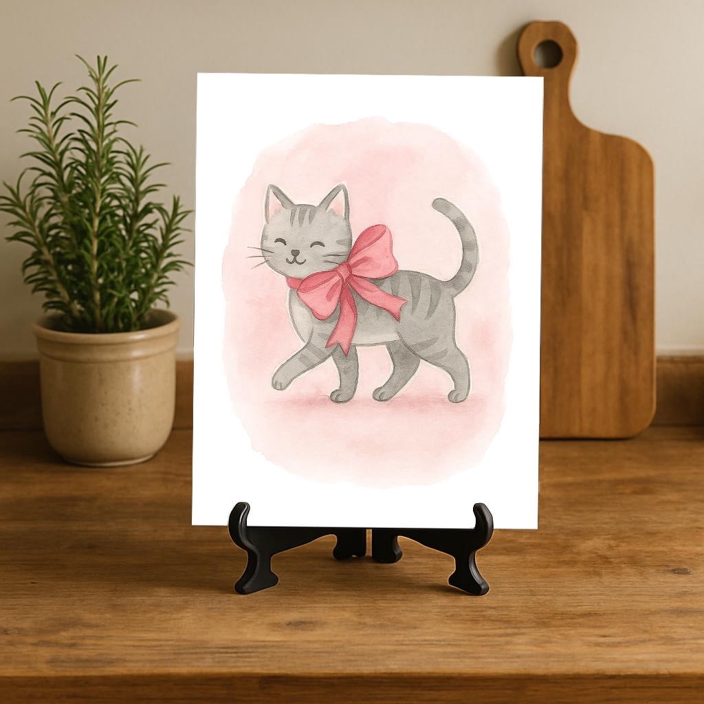 Prime Delica Gray Tabby Cat Art Print – Board with Pink Bow, Cute ...