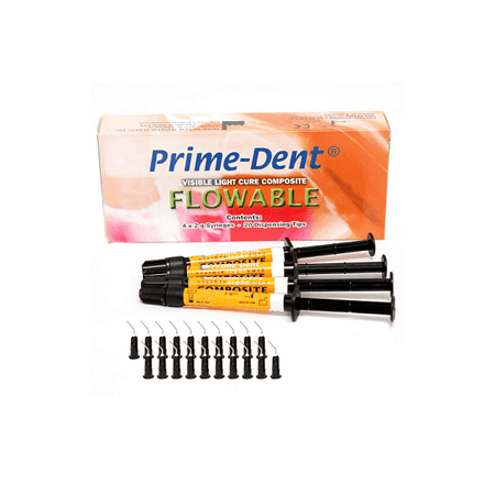 Prime-Dent Flowable Light Cure Dental Composite 4 Syringe Kit with 20 Tips - A2 Color/Shade