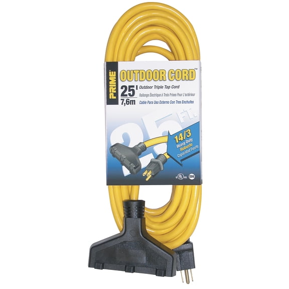 Prime EC600725K 25' 14/3 SJTW Yellow Triple-Tap Outdoor Extension Cord