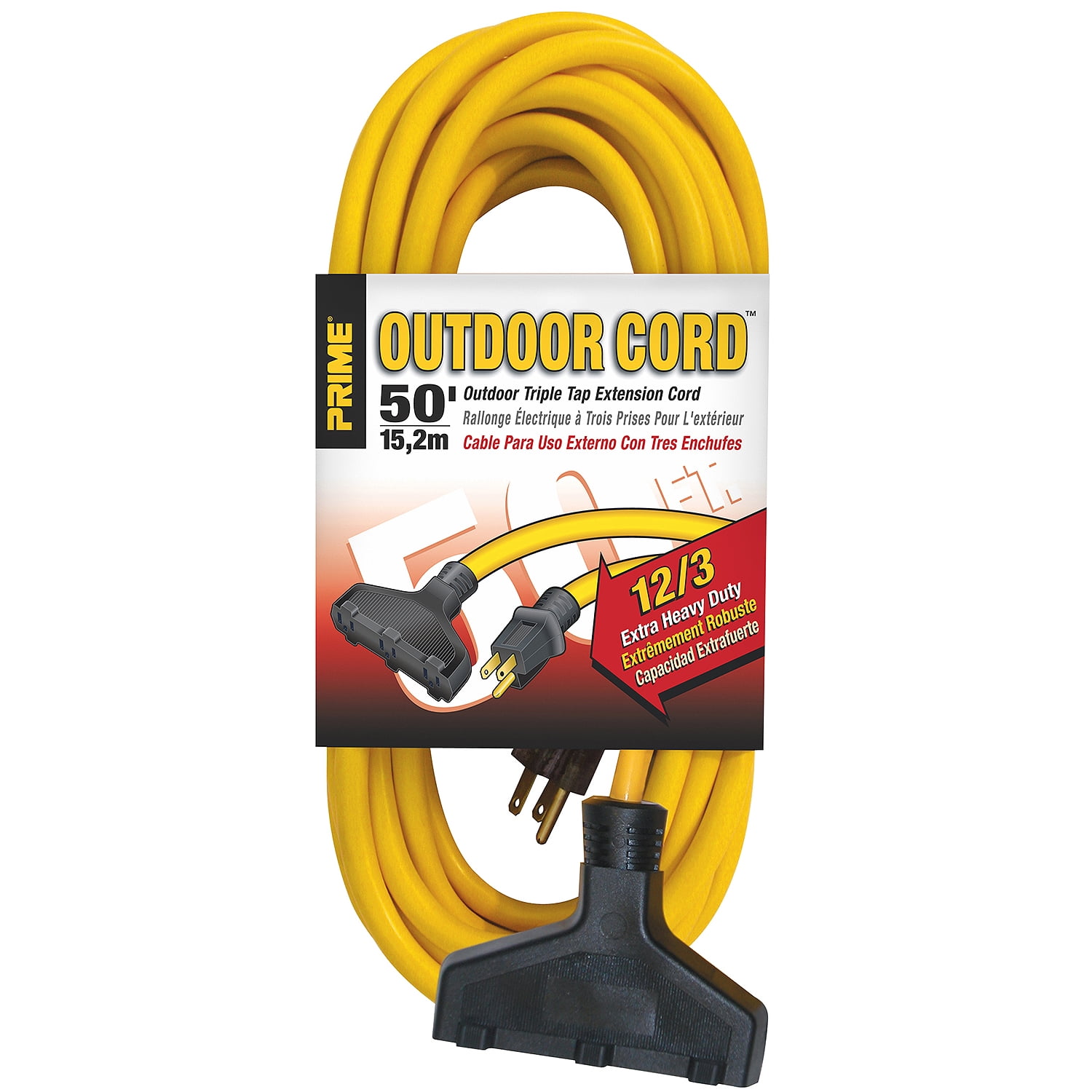 Prime EC600830 50' 112/3 SJTW Yellow TripleTap Outdoor Extension Cord