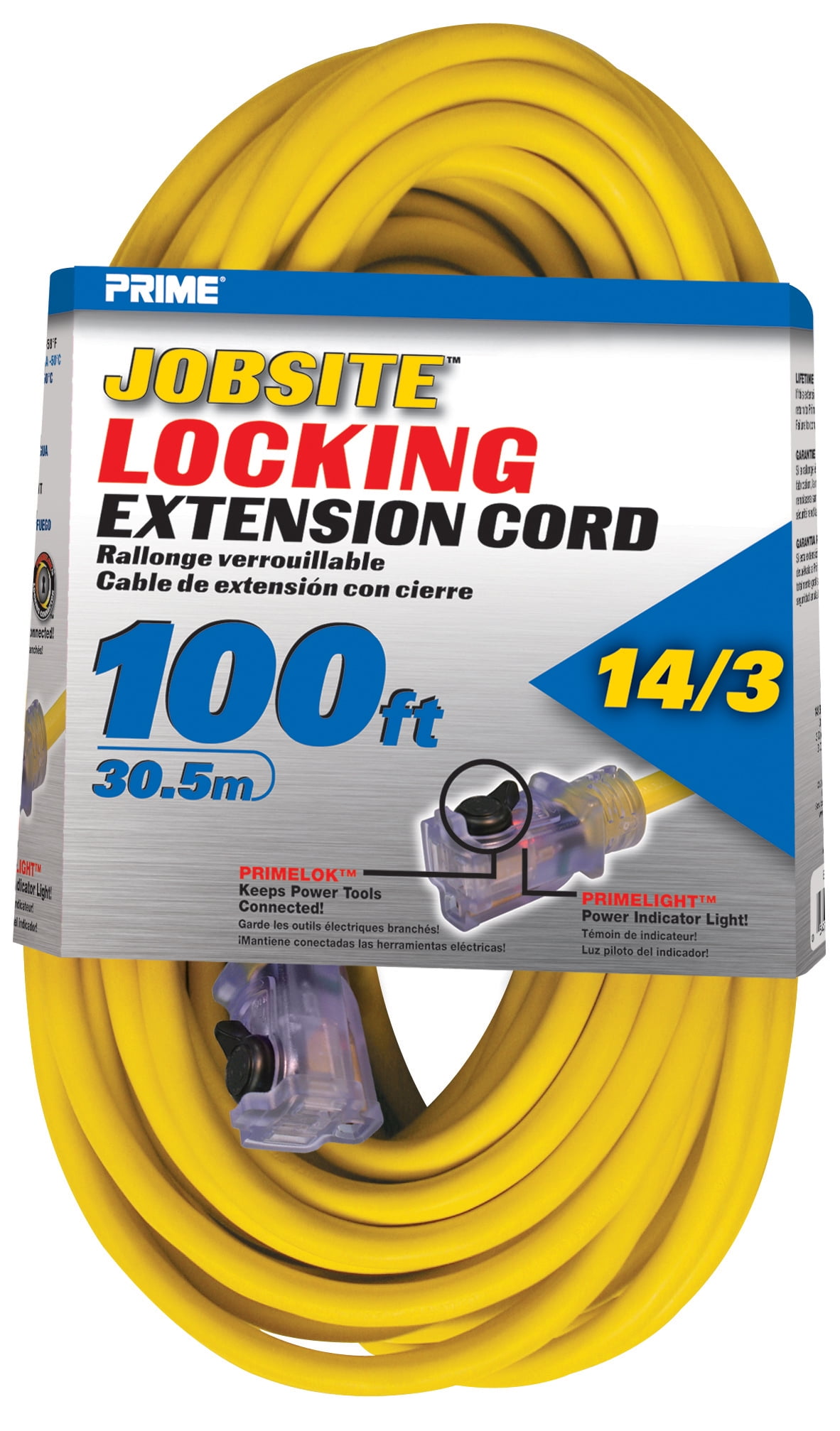 Prime ECPL511735 100' 14/3 SJTW Yellow Jobsite Locking Extension Cord