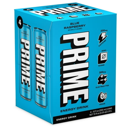 Prime Sugar Free Energy Drink, Blue Raspberry, 12 fl oz, 4 Pack, Cans, 200mg Caffeine