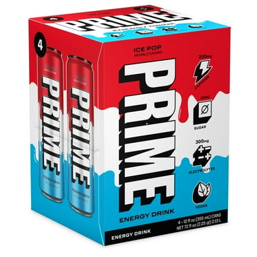 Prime Sugar Free Energy Drink, Ice Pop, 12 fl oz, 4 Pack, Cans, 200mg Caffeine