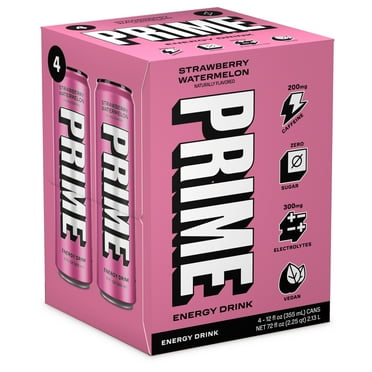 Prime Sugar Free Energy Drink, Strawberry Watermelon, 12 fl oz, 4 Pack, Cans, 200mg Caffeine