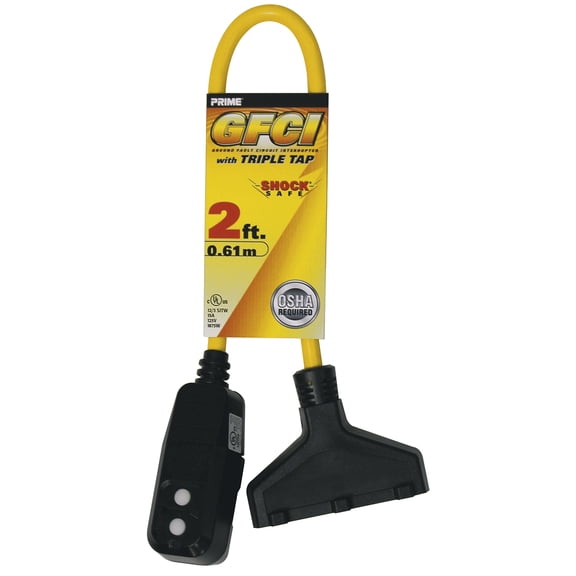 Prime GF420802 2' 12/3 SJTW Yellow Triple Tap Adapter W/GFCI Plug