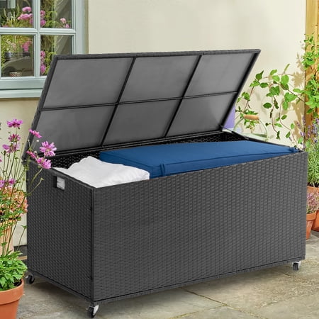 Prime Garden Outdoor Waterproof 140 Gallon PE Rattan Iron PVC board Deck Box, Black