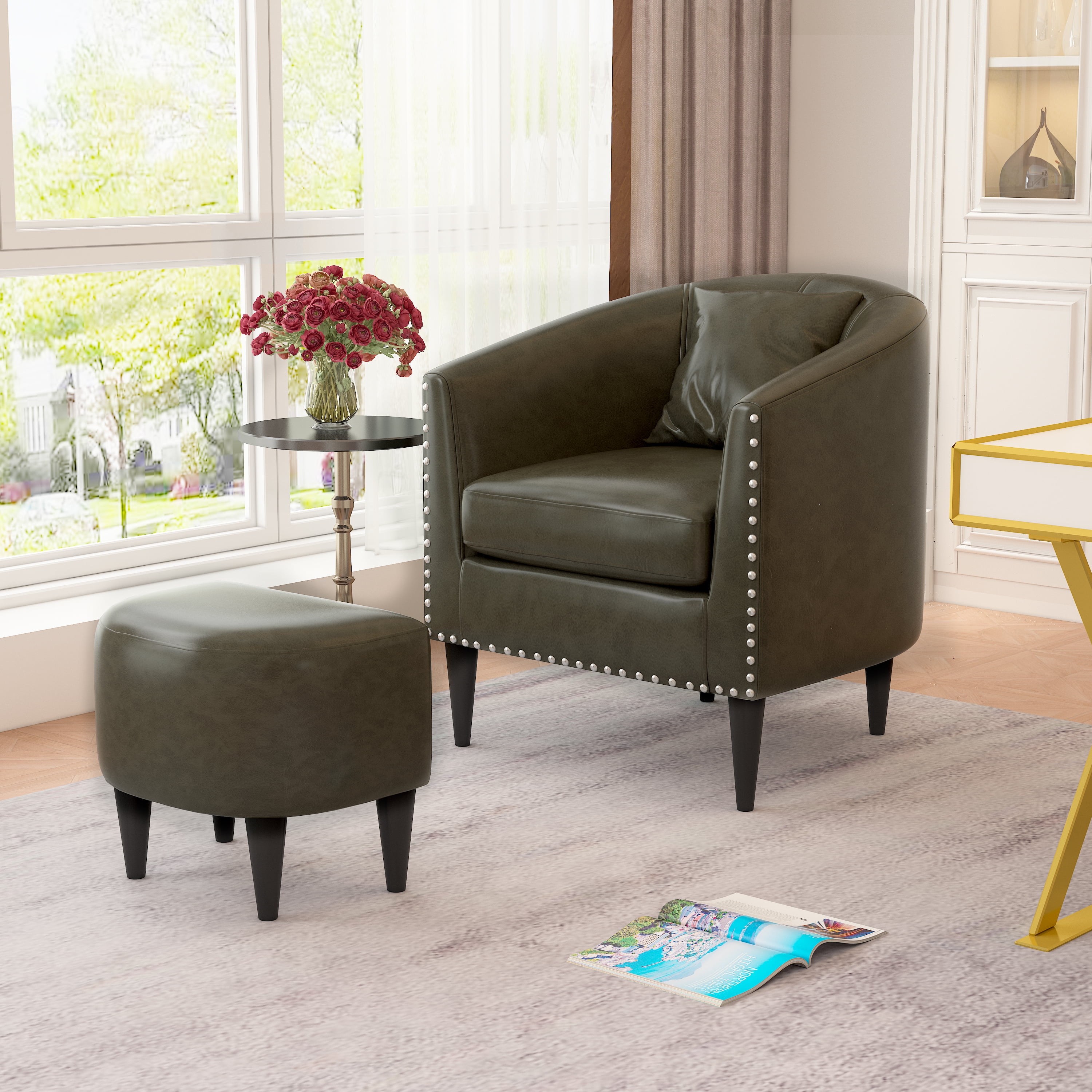 Prime Garden Barrel Accent Chair with Ottoman Faux Leather Club