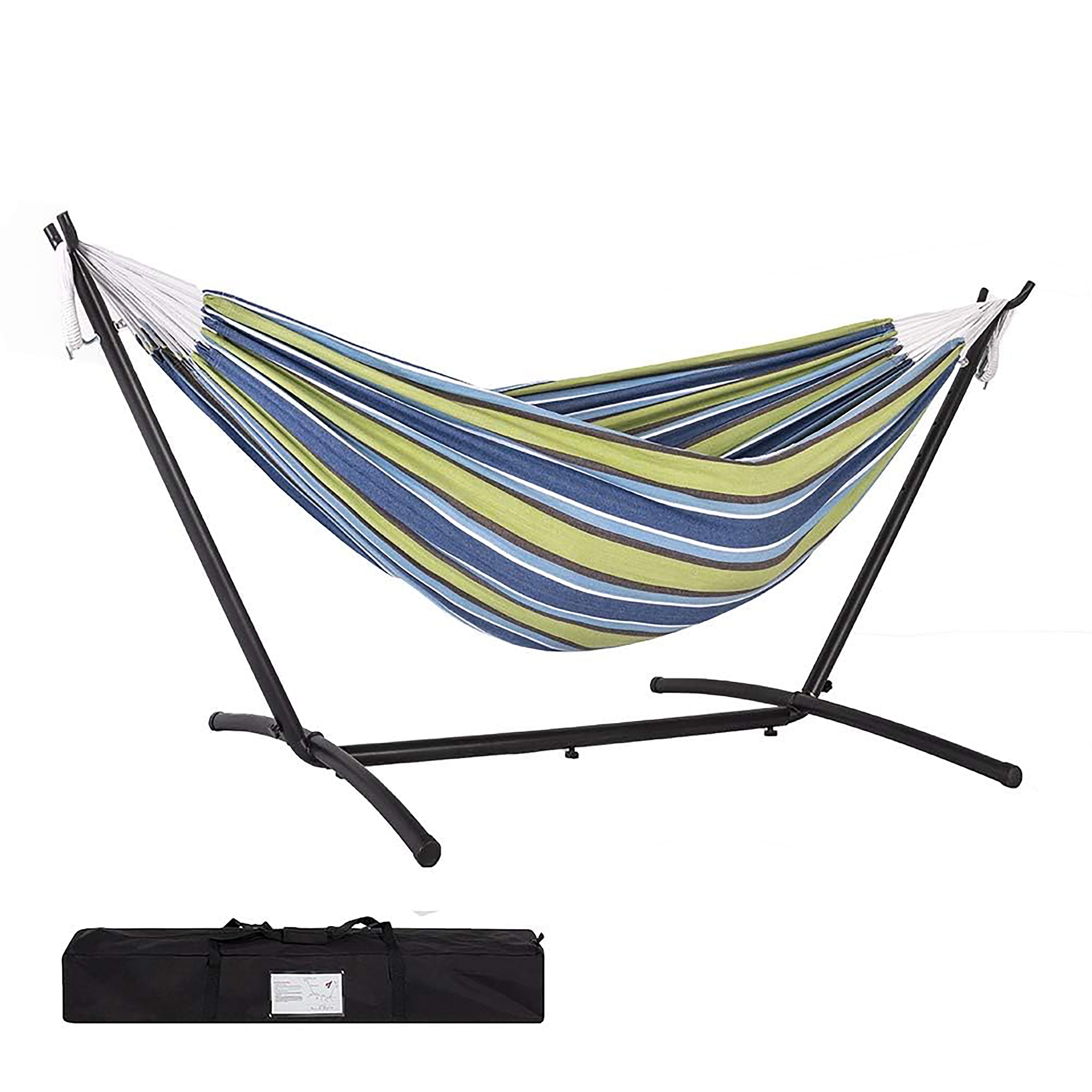9-Foot Green and Blue Striped Double Hammock with Steel Stand