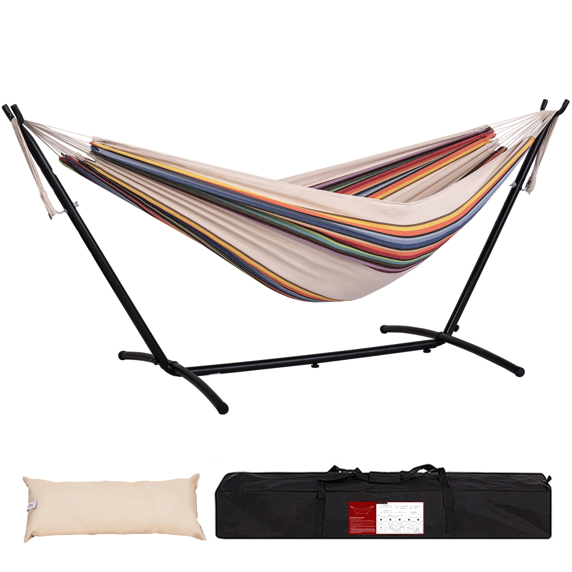 Prime Garden Double Cotton Hammock with Steel Stand,Multi Color Stripe