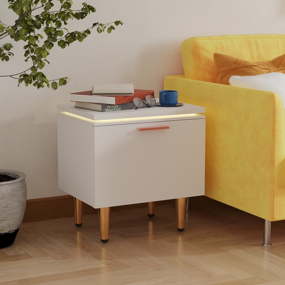 Prime Garden Led Lights Modern Night Stand for Bedroom,White