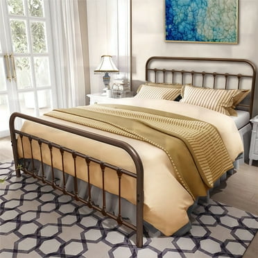 Prime Garden Metal Platform Bed Frame with Headboard,Queen,Brown