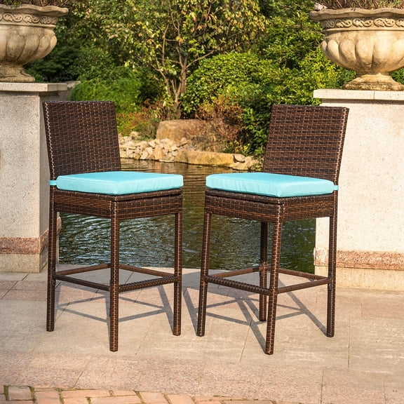 HARBOURSIDE Rattan Patio Bar Stool with Cushion Set of 2 Blue