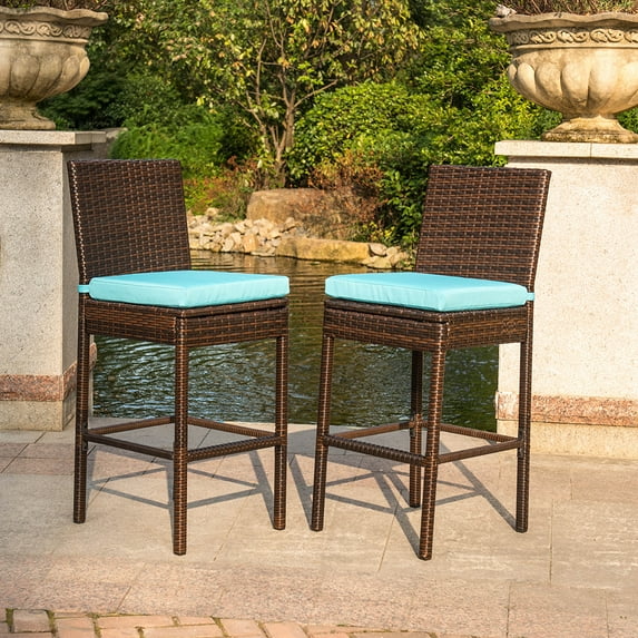 Prime Garden Rattan Patio Bar Stool with Cushion Set of 2 Blue