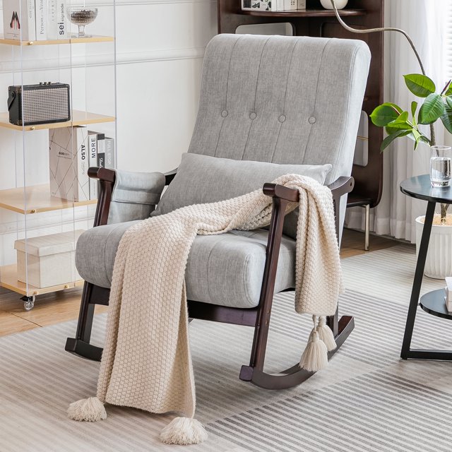 HARBOURSIDE Upholstered Rocking Chair with Fabric Padded Seat,Comfortable Rocker Solid Wood for Living Room, Gray