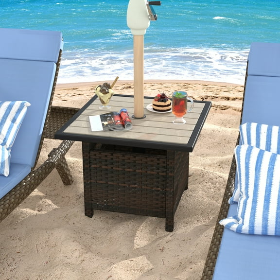 Prime Garden Wicker Patio Side Table with Umbrella Hole,Brown