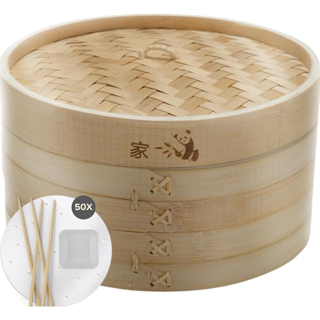 Flexzion Bamboo Steamer Basket Set (8 inch) with Stainless