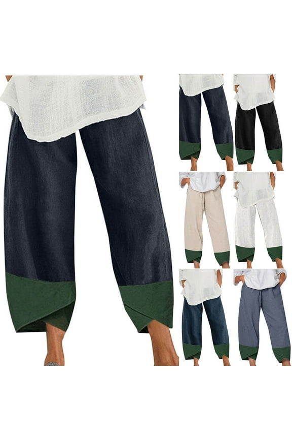 Prime By Hour, lcziwo Cotton Linen Pants for Women Summer Casual Elastic Waist Capri Pants Fashion Color Block Tulip Hem Wide Leg Cropped Pants with Pockets Navy L