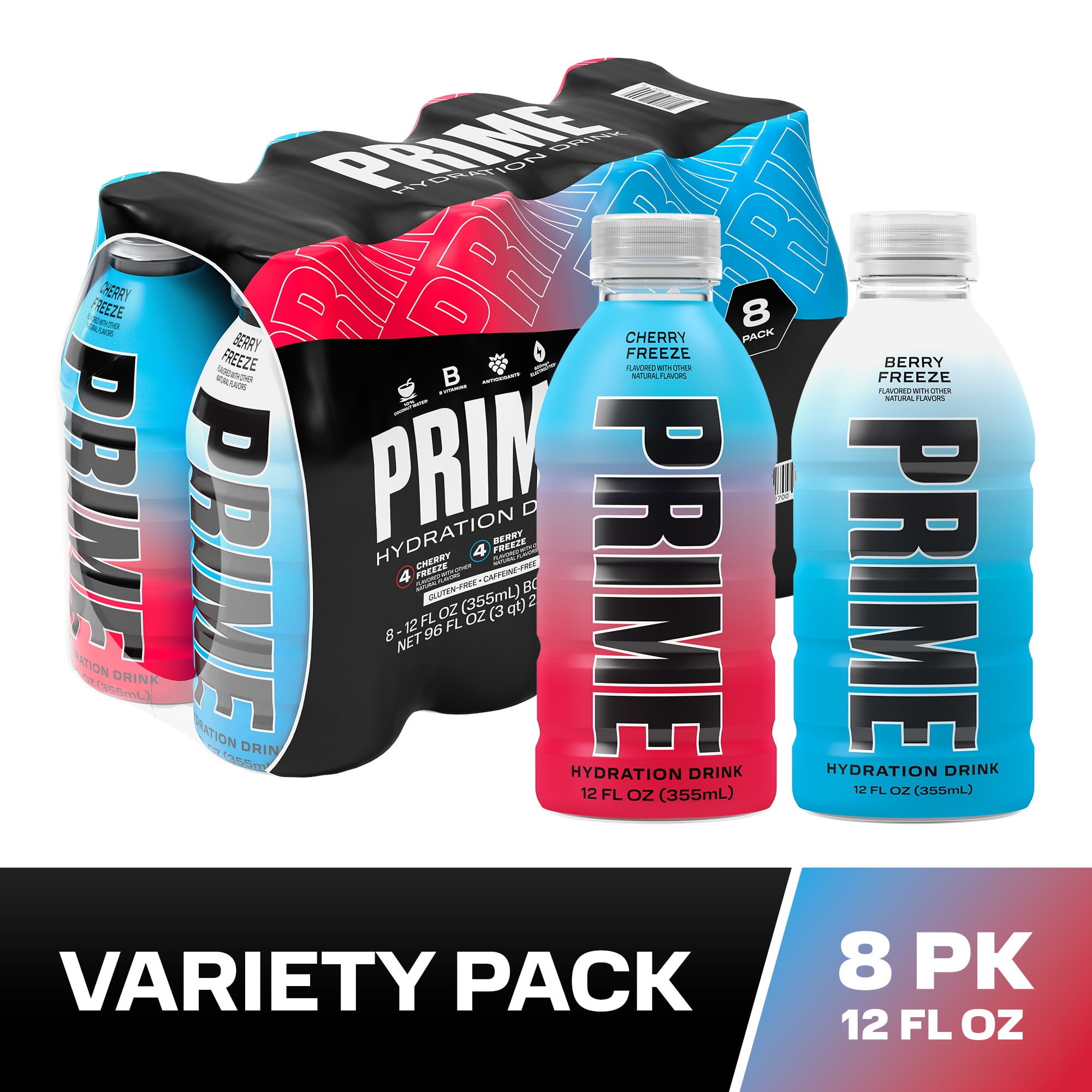 Prime Hydration Sports Drink, Duo Pack, Blue Freeze, Cherry, 12 fl oz, 8 Pack, Bottles