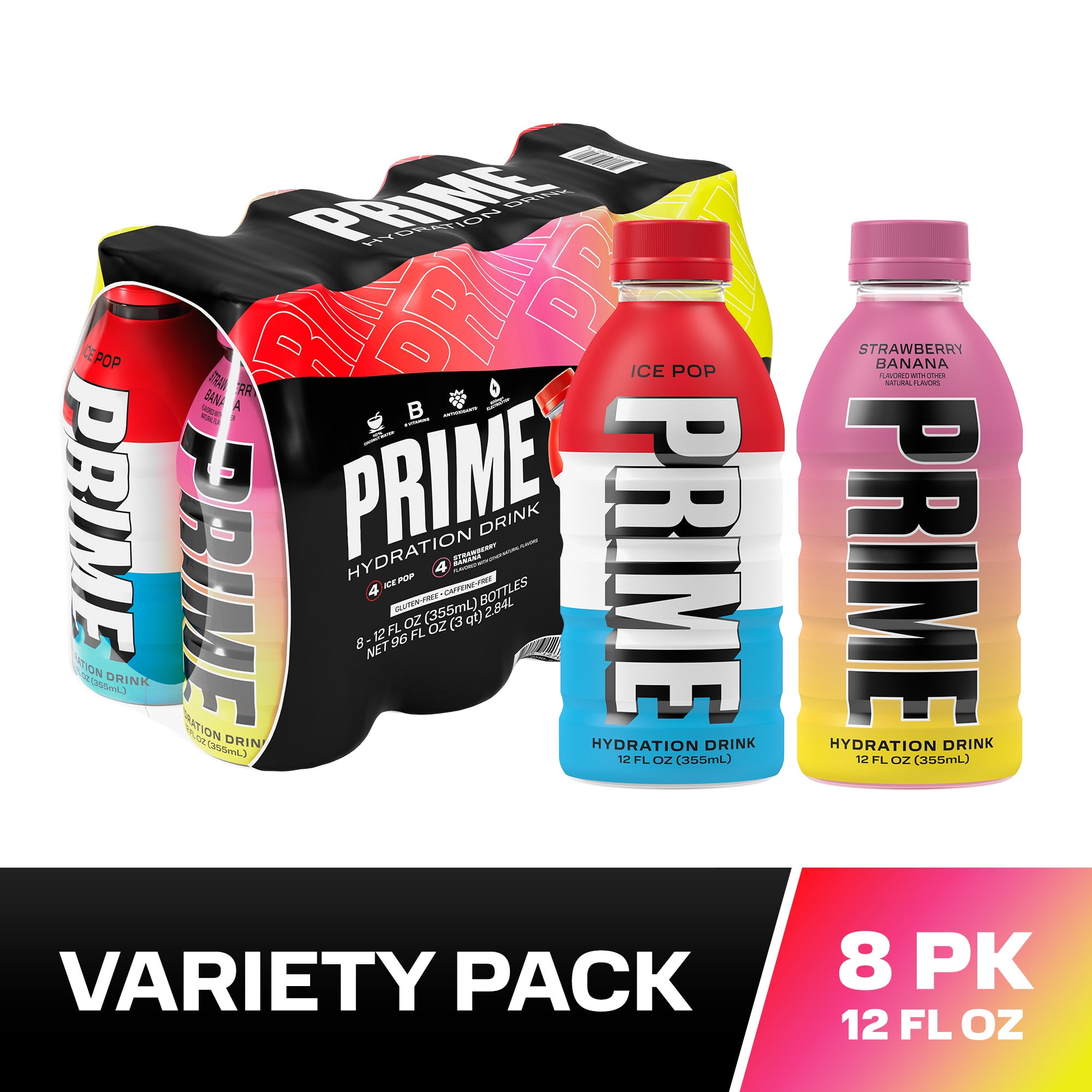 Prime Hydration Sports Drink, Duo Pack, Ice Pop, Strawberry, 12 fl oz, 8 Pack, Bottles