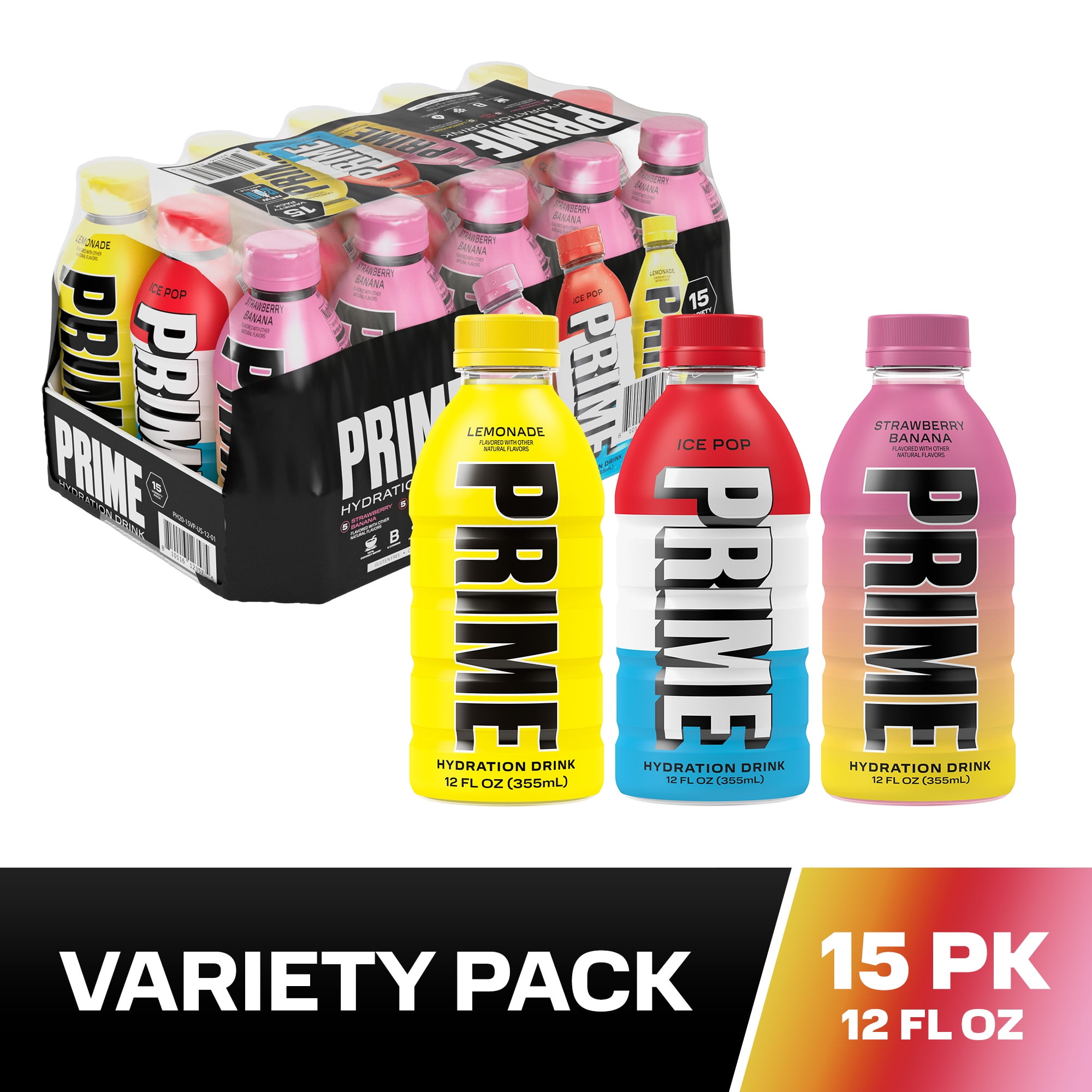 Prime Hydration Sports Drink, Variety Pack, Ice Pop, Strawberry Banana, Lemonade, 12 fl oz, 15 Pack, Bottles