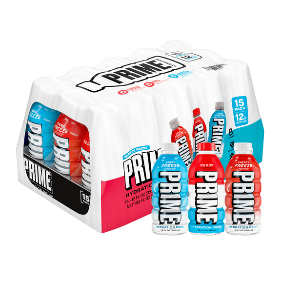 Prime Hydration Sports Drink, Ice Pop, Cherry Freeze, Berry Freeze, 12 fl oz, 15 Pack, Bottles